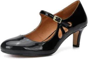 fereshte Women's Men's Mary Jane Hollow Out Round Toe Mid Kitten Heel Pumps Shoes