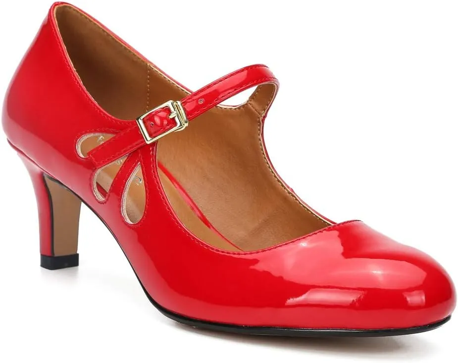 fereshte Women's Men's Mary Jane Hollow Out Round Toe Mid Kitten Heel Pumps Shoes