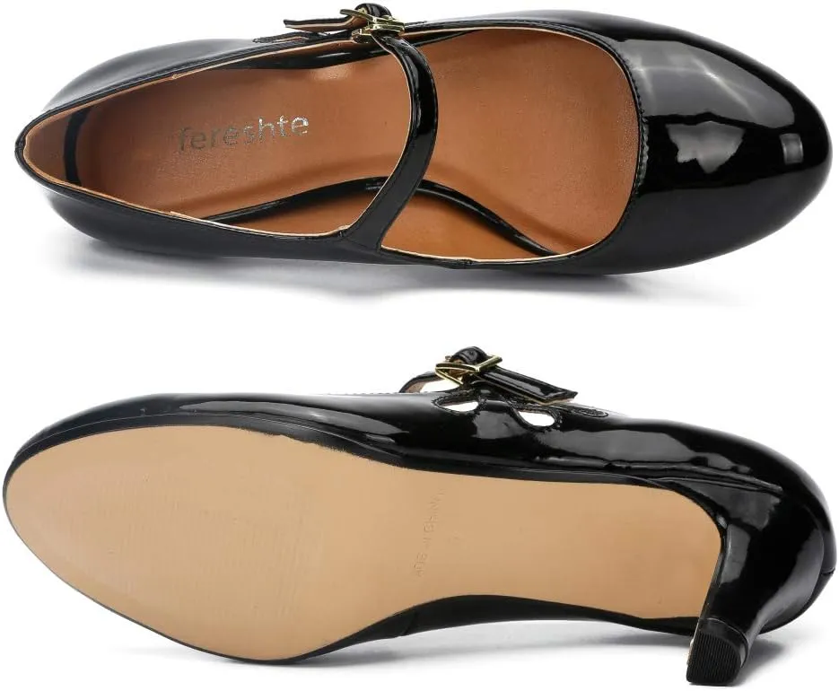 fereshte Women's Men's Mary Jane Hollow Out Round Toe Mid Kitten Heel Pumps Shoes