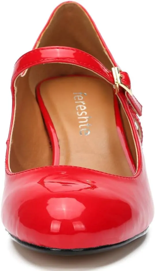 fereshte Women's Men's Mary Jane Hollow Out Round Toe Mid Kitten Heel Pumps Shoes