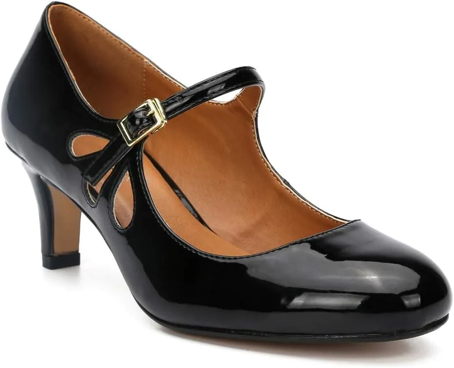 fereshte Women's Men's Mary Jane Hollow Out Round Toe Mid Kitten Heel Pumps Shoes