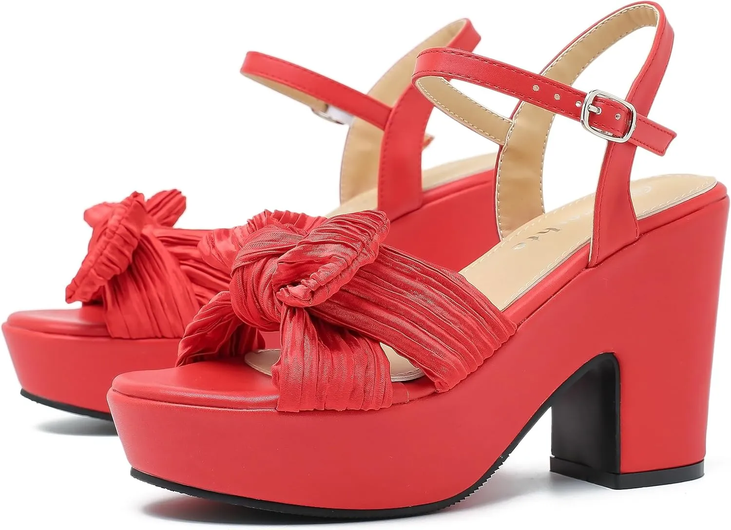 fereshte Women's Pleated Bow Knot Chunky Block Heels Platform High Heel Open Toe Ankle Strap Sandals