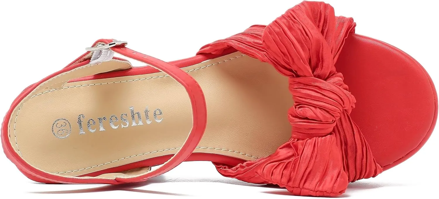 fereshte Women's Pleated Bow Knot Chunky Block Heels Platform High Heel Open Toe Ankle Strap Sandals