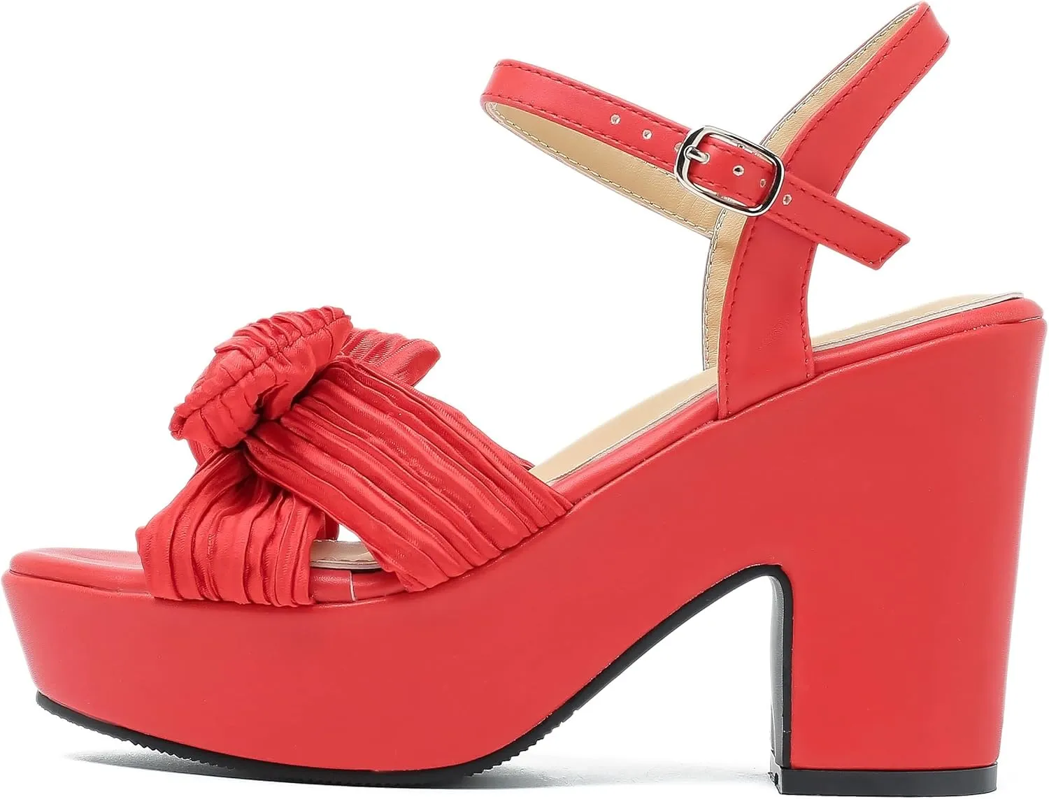 fereshte Women's Pleated Bow Knot Chunky Block Heels Platform High Heel Open Toe Ankle Strap Sandals