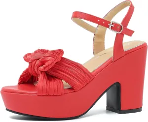 fereshte Women's Pleated Bow Knot Chunky Block Heels Platform High Heel Open Toe Ankle Strap Sandals