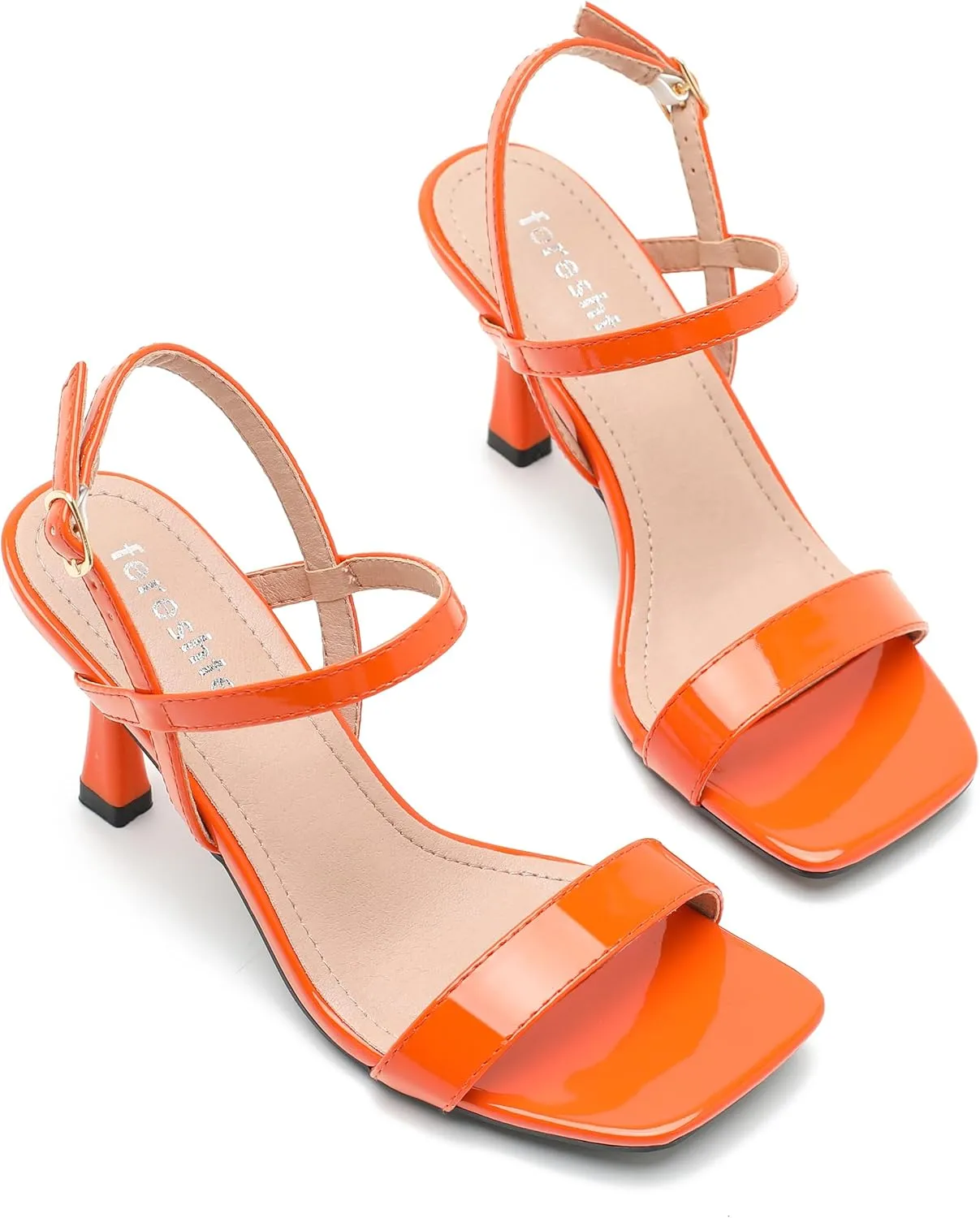 fereshte Womens Strappy Kitten Heels Open Square Toe Sandals Ankle Strap Buckle Slingback 3" Summer Dress Shoes