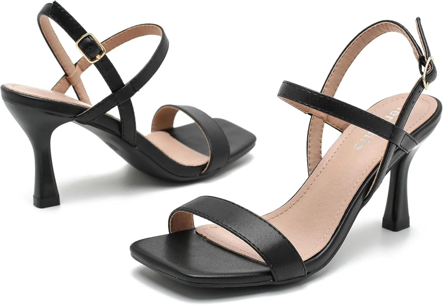 fereshte Womens Strappy Kitten Heels Open Square Toe Sandals Ankle Strap Buckle Slingback 3" Summer Dress Shoes