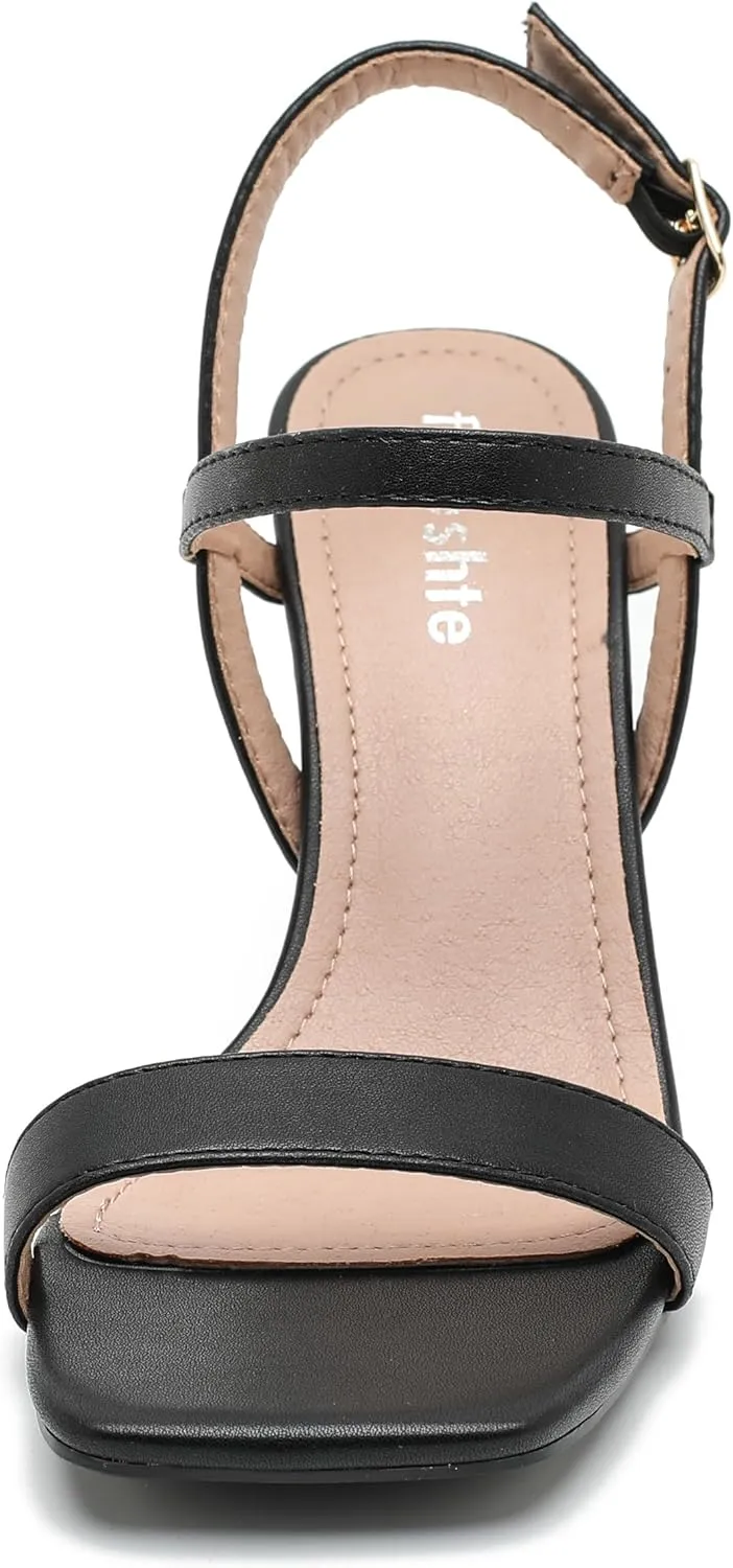 fereshte Womens Strappy Kitten Heels Open Square Toe Sandals Ankle Strap Buckle Slingback 3" Summer Dress Shoes