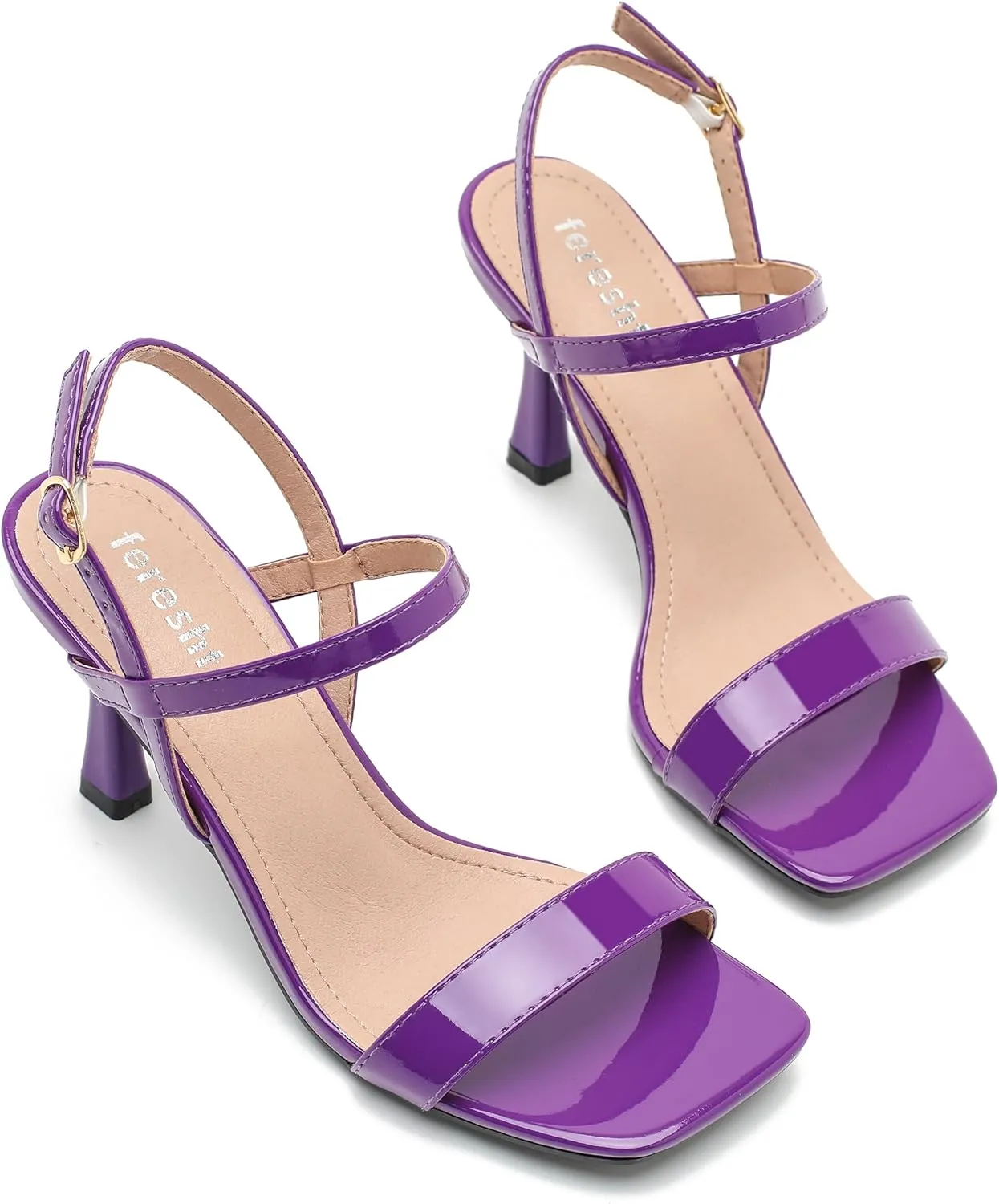 fereshte Womens Strappy Kitten Heels Open Square Toe Sandals Ankle Strap Buckle Slingback 3" Summer Dress Shoes