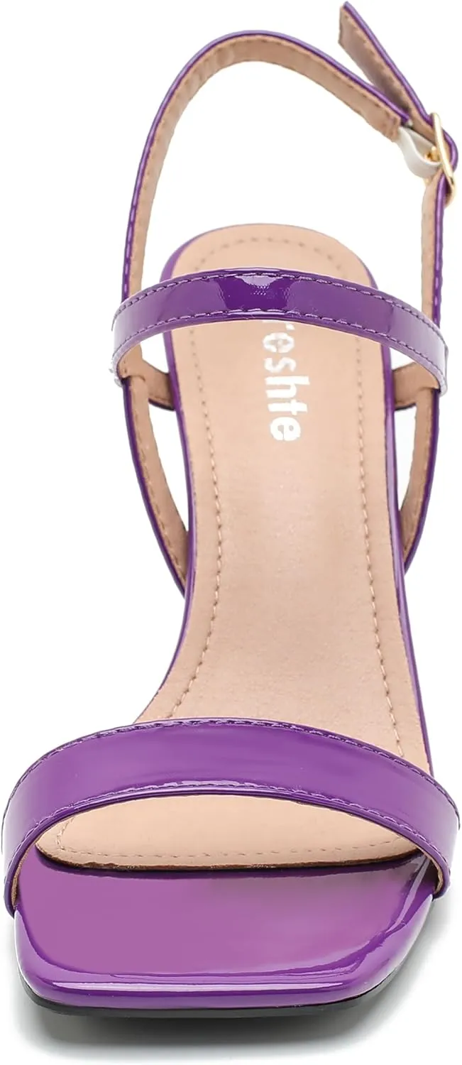 fereshte Womens Strappy Kitten Heels Open Square Toe Sandals Ankle Strap Buckle Slingback 3" Summer Dress Shoes