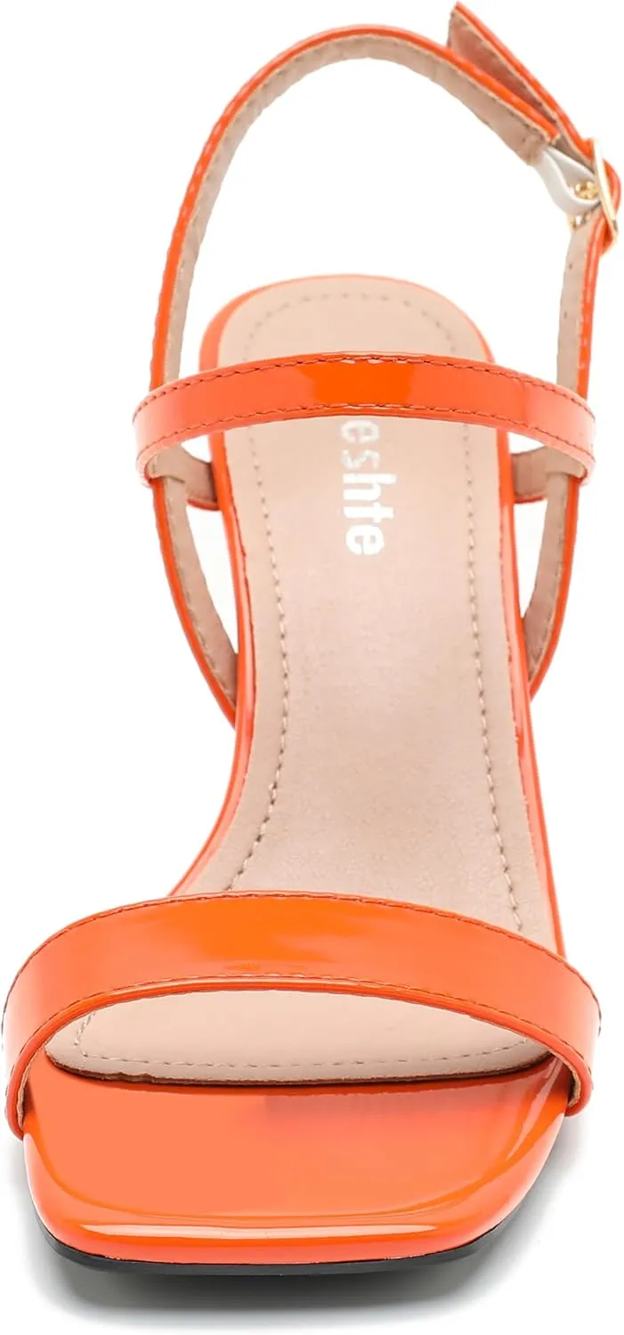 fereshte Womens Strappy Kitten Heels Open Square Toe Sandals Ankle Strap Buckle Slingback 3" Summer Dress Shoes