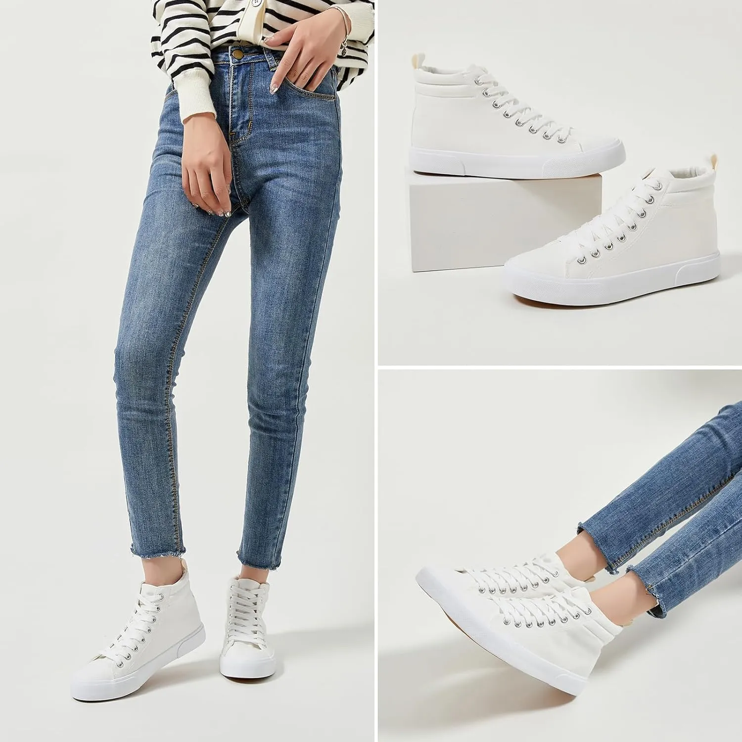 FINIWOR Womens High top Sneakers Canvas Shoes Lace up Black Sneakers Casual Shoes for Women
