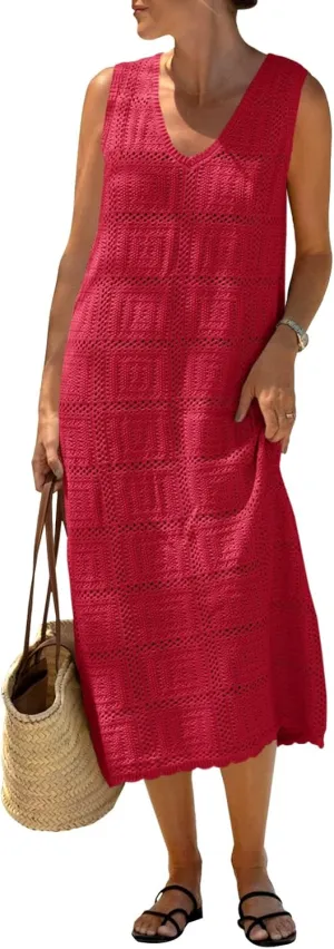 Fisoew Womens Crochet Sleeveless Dress Casual Summer V Neck Boho Knit Cover Up Beach Vacation Midi Tank Dresses