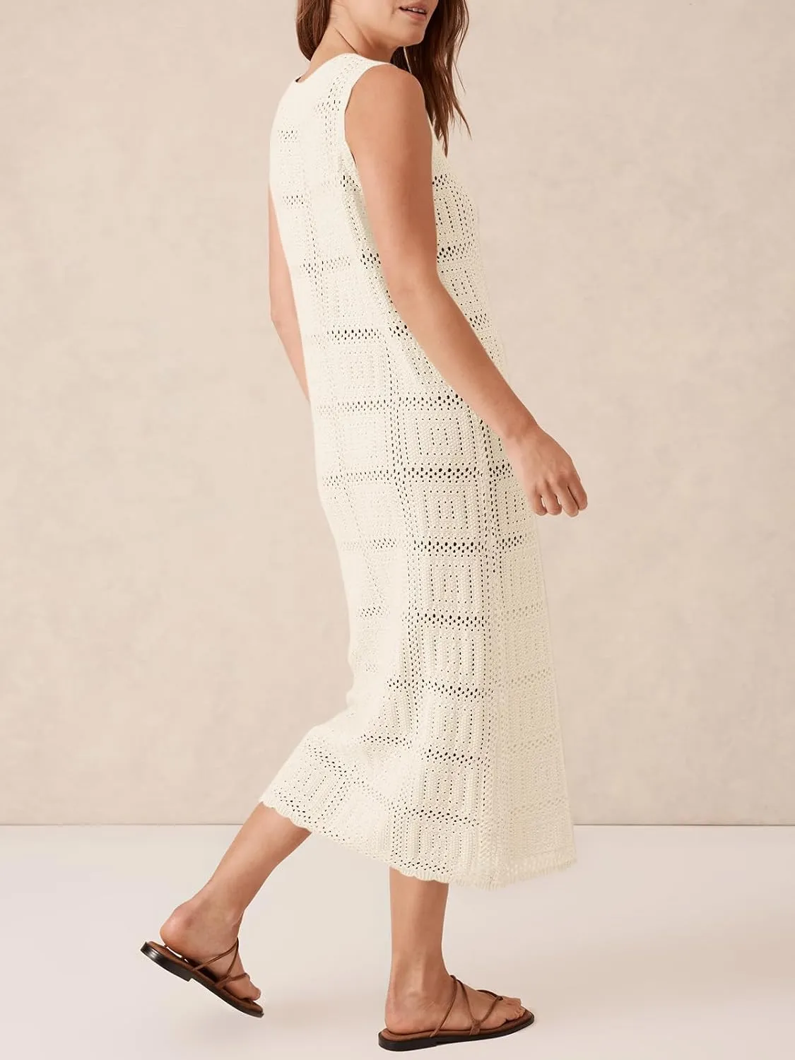 Fisoew Womens Crochet Sleeveless Dress Casual Summer V Neck Boho Knit Cover Up Beach Vacation Midi Tank Dresses