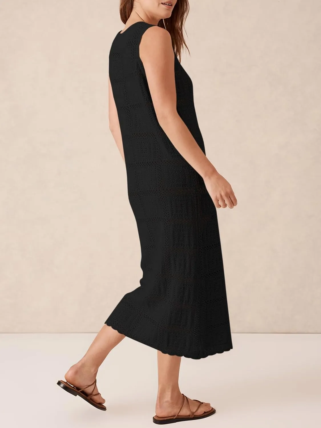 Fisoew Womens Crochet Sleeveless Dress Casual Summer V Neck Boho Knit Cover Up Beach Vacation Midi Tank Dresses