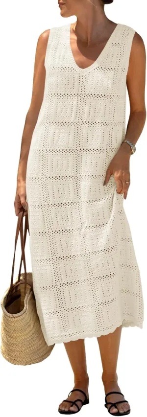 Fisoew Womens Crochet Sleeveless Dress Casual Summer V Neck Boho Knit Cover Up Beach Vacation Midi Tank Dresses