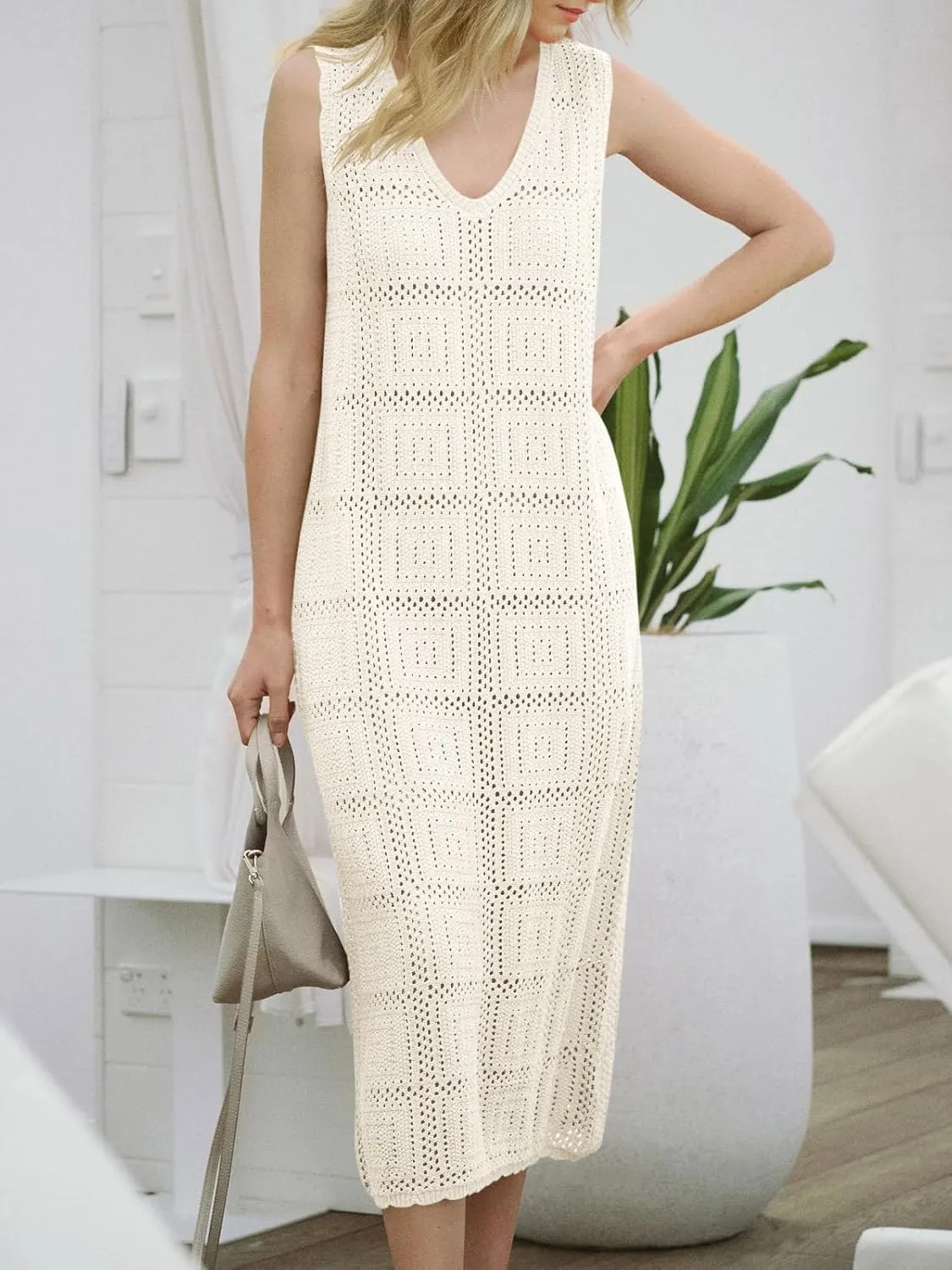 Fisoew Womens Crochet Sleeveless Dress Casual Summer V Neck Boho Knit Cover Up Beach Vacation Midi Tank Dresses