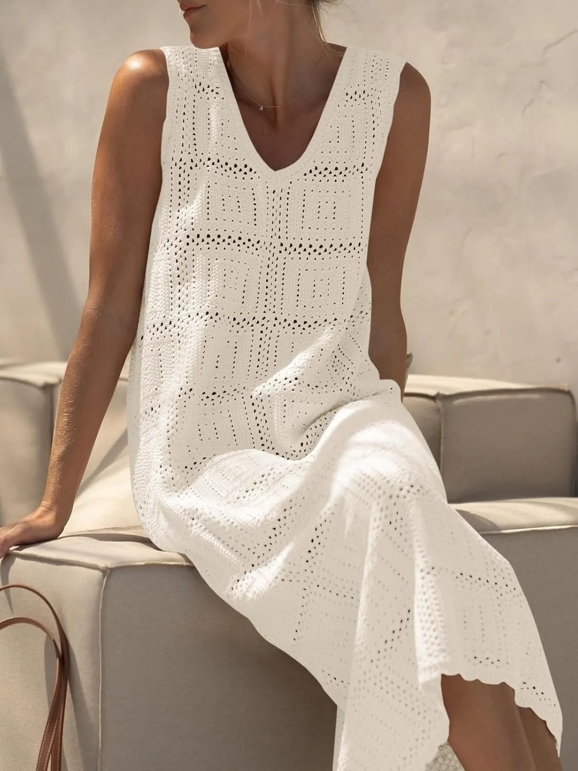 Fisoew Womens Crochet Sleeveless Dress Casual Summer V Neck Boho Knit Cover Up Beach Vacation Midi Tank Dresses