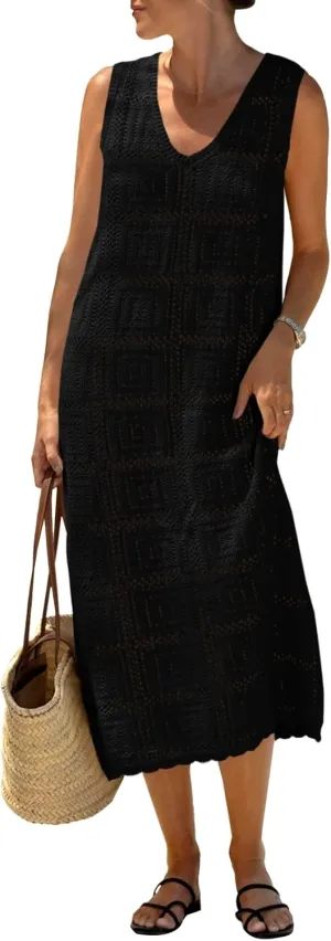 Fisoew Womens Crochet Sleeveless Dress Casual Summer V Neck Boho Knit Cover Up Beach Vacation Midi Tank Dresses