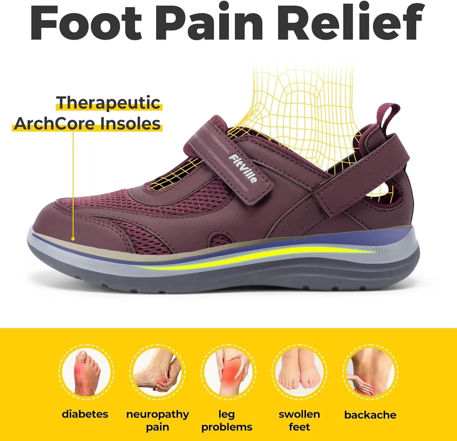 FitVille Diabetic Shoes for Women Extra Wide Width Diabetic Womens Sandals, Walking Shoes with Adjustable Closures Arch Support, Orthopedic Sandals for Flat Feet Heel Pain Relief,Plantar Fasciitis