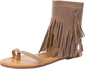 Flat Sandals for Women Gladiator Suede Fringe Open toe Falt Zip Up Flat Sandals Women Flat Dress Sandals for Women