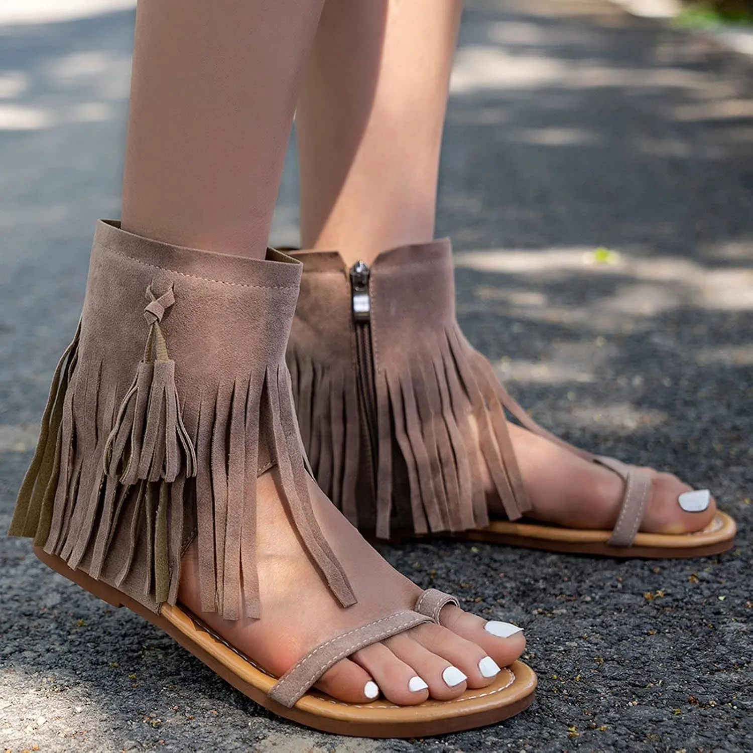 Flat Sandals for Women Gladiator Suede Fringe Open toe Falt Zip Up Flat Sandals Women Flat Dress Sandals for Women