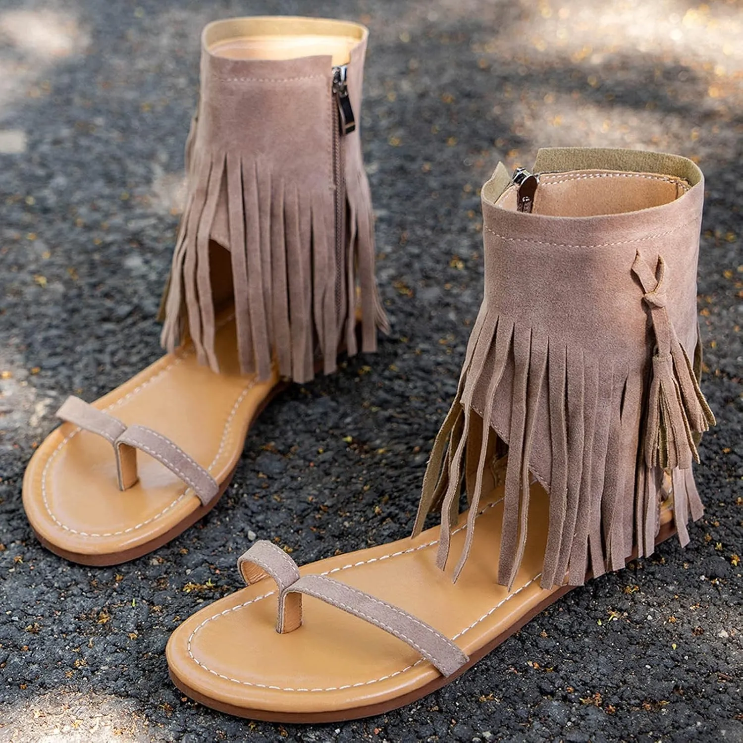 Flat Sandals for Women Gladiator Suede Fringe Open toe Falt Zip Up Flat Sandals Women Flat Dress Sandals for Women