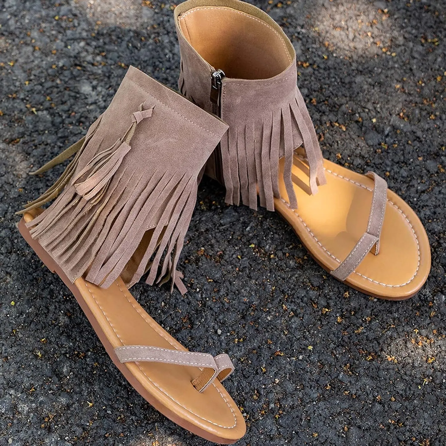 Flat Sandals for Women Gladiator Suede Fringe Open toe Falt Zip Up Flat Sandals Women Flat Dress Sandals for Women