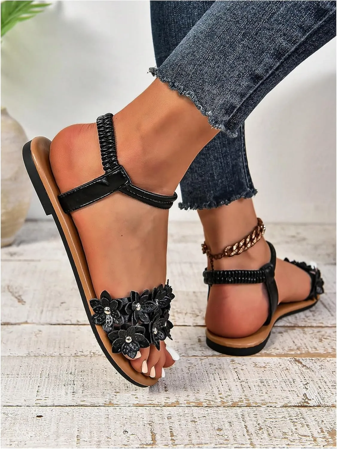 Floerns Women's Floral Elastic Ankle Straps Slipper Summer Beach Flat Sandals
