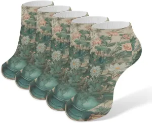 Flower Painting Ankle Socks for Men & Women, 5 Pairs Breathable Soft Low Cut Socks, Stretch Sweat Wicking Sox
