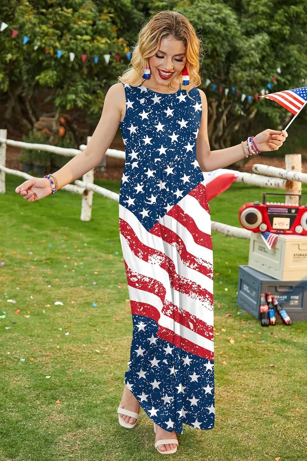 For G and PL Womens 4th of July American Flag Sleeveless Maxi Dress Patriotic Long Tank Sundress with Pockets