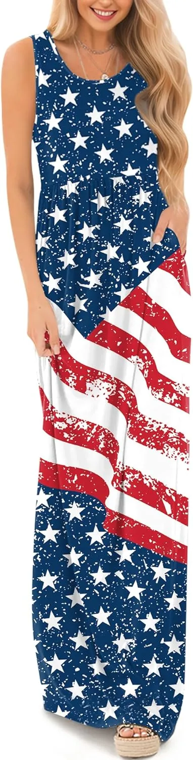 For G and PL Womens 4th of July American Flag Sleeveless Maxi Dress Patriotic Long Tank Sundress with Pockets