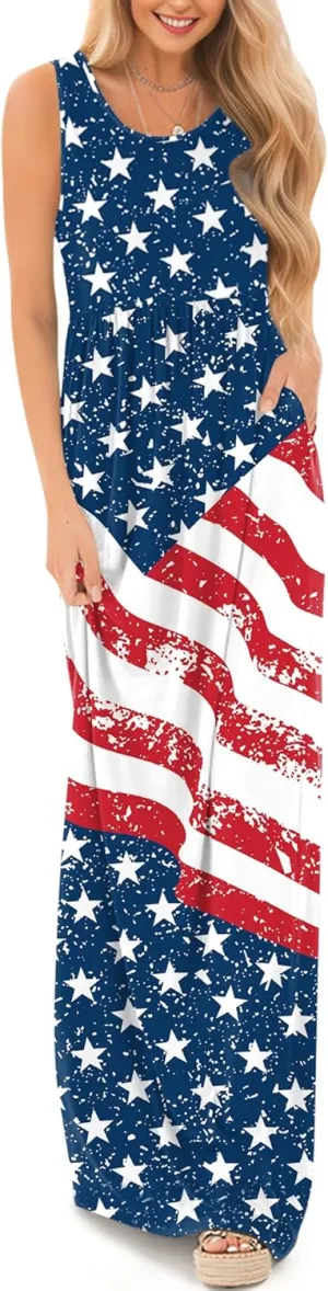 For G and PL Womens 4th of July American Flag Sleeveless Maxi Dress Patriotic Long Tank Sundress with Pockets