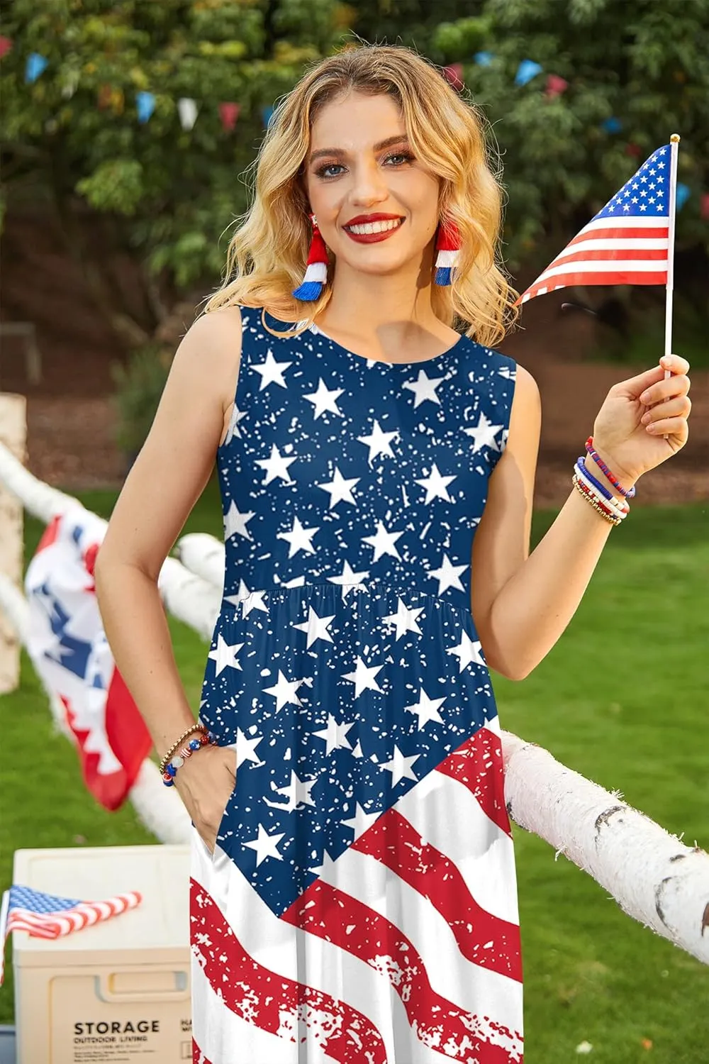For G and PL Womens 4th of July American Flag Sleeveless Maxi Dress Patriotic Long Tank Sundress with Pockets