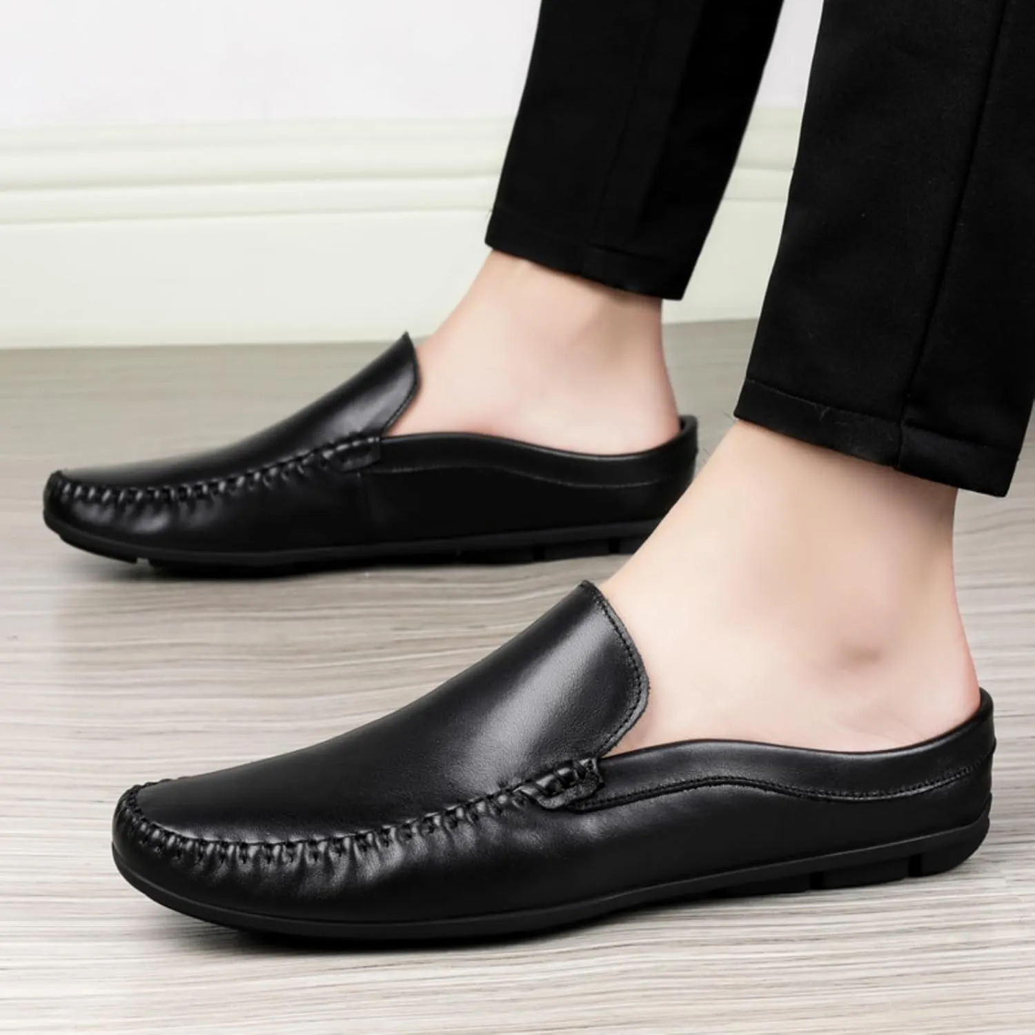 FOTN Kelibasi Mens Handmade Leather Slip-On Mules Comfortable Soft Backless Slippers Summer Casual Walking Driving Sandals Half Loafers