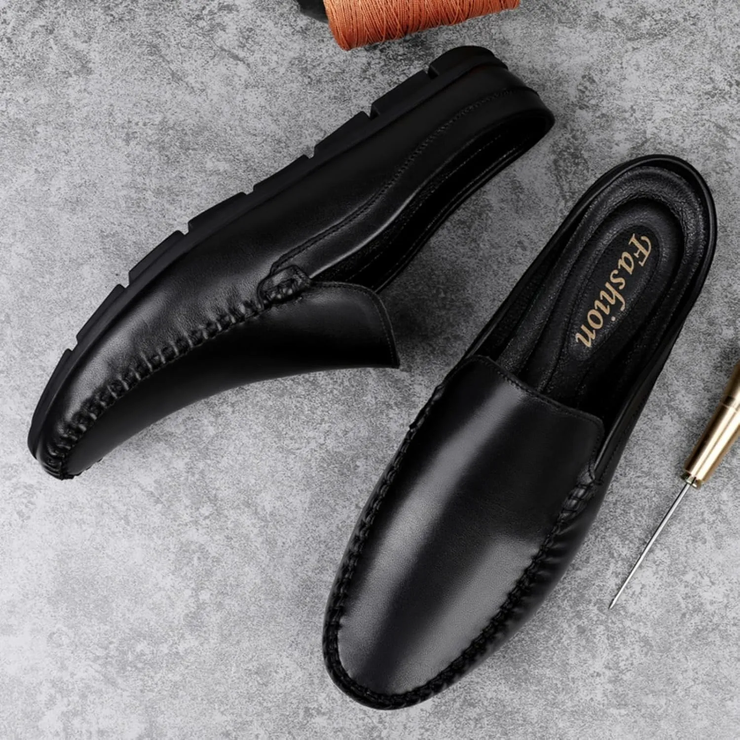 FOTN Kelibasi Mens Handmade Leather Slip-On Mules Comfortable Soft Backless Slippers Summer Casual Walking Driving Sandals Half Loafers