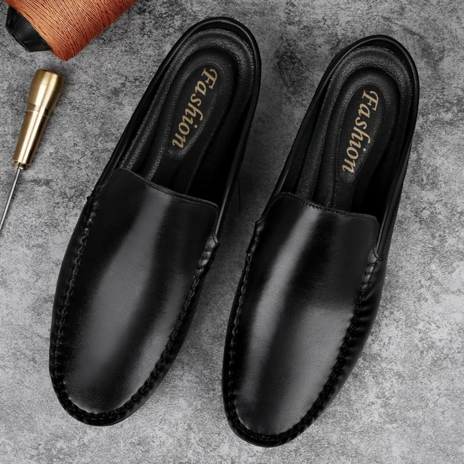 FOTN Kelibasi Mens Handmade Leather Slip-On Mules Comfortable Soft Backless Slippers Summer Casual Walking Driving Sandals Half Loafers