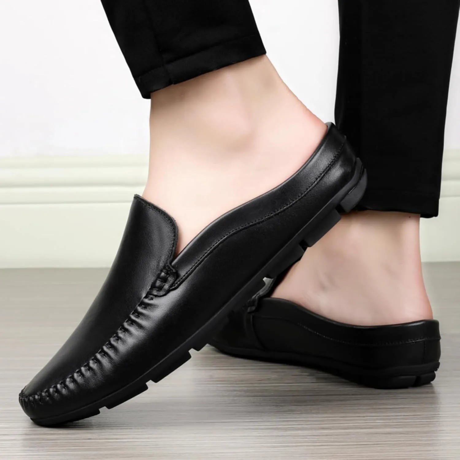 FOTN Kelibasi Mens Handmade Leather Slip-On Mules Comfortable Soft Backless Slippers Summer Casual Walking Driving Sandals Half Loafers