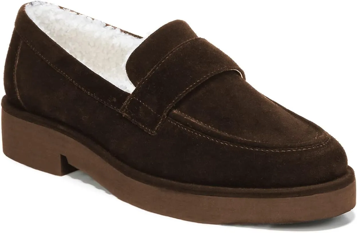 FOWT Women Suede Fur Lined Loafers V Cut Flats Round Toe Low Bock Heels Causal Shoes Slip On Lightweight Platform Slippers Warm Plush Winter Fall Durable Indoor Outdoor Shoes Size 4-16 US