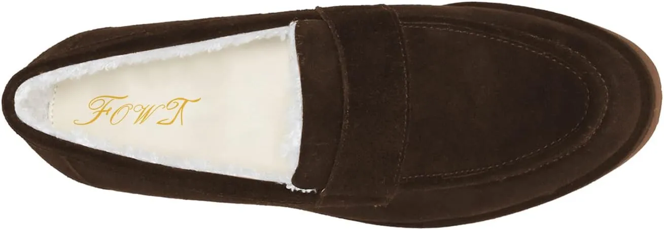 FOWT Women Suede Fur Lined Loafers V Cut Flats Round Toe Low Bock Heels Causal Shoes Slip On Lightweight Platform Slippers Warm Plush Winter Fall Durable Indoor Outdoor Shoes Size 4-16 US