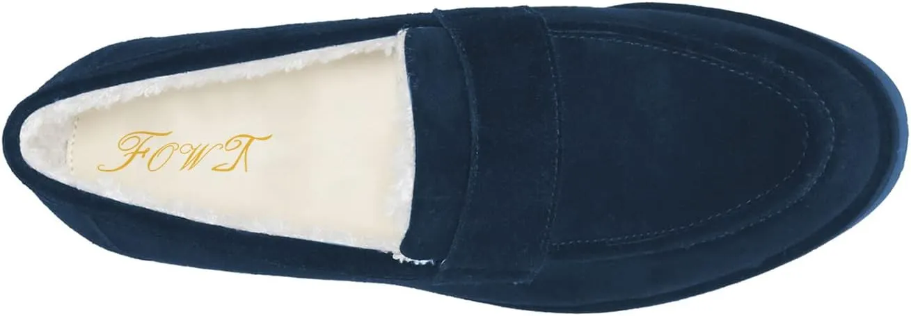 FOWT Women Suede Fur Lined Loafers V Cut Flats Round Toe Low Bock Heels Causal Shoes Slip On Lightweight Platform Slippers Warm Plush Winter Fall Durable Indoor Outdoor Shoes Size 4-16 US