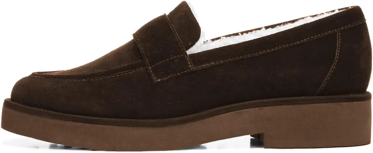 FOWT Women Suede Fur Lined Loafers V Cut Flats Round Toe Low Bock Heels Causal Shoes Slip On Lightweight Platform Slippers Warm Plush Winter Fall Durable Indoor Outdoor Shoes Size 4-16 US