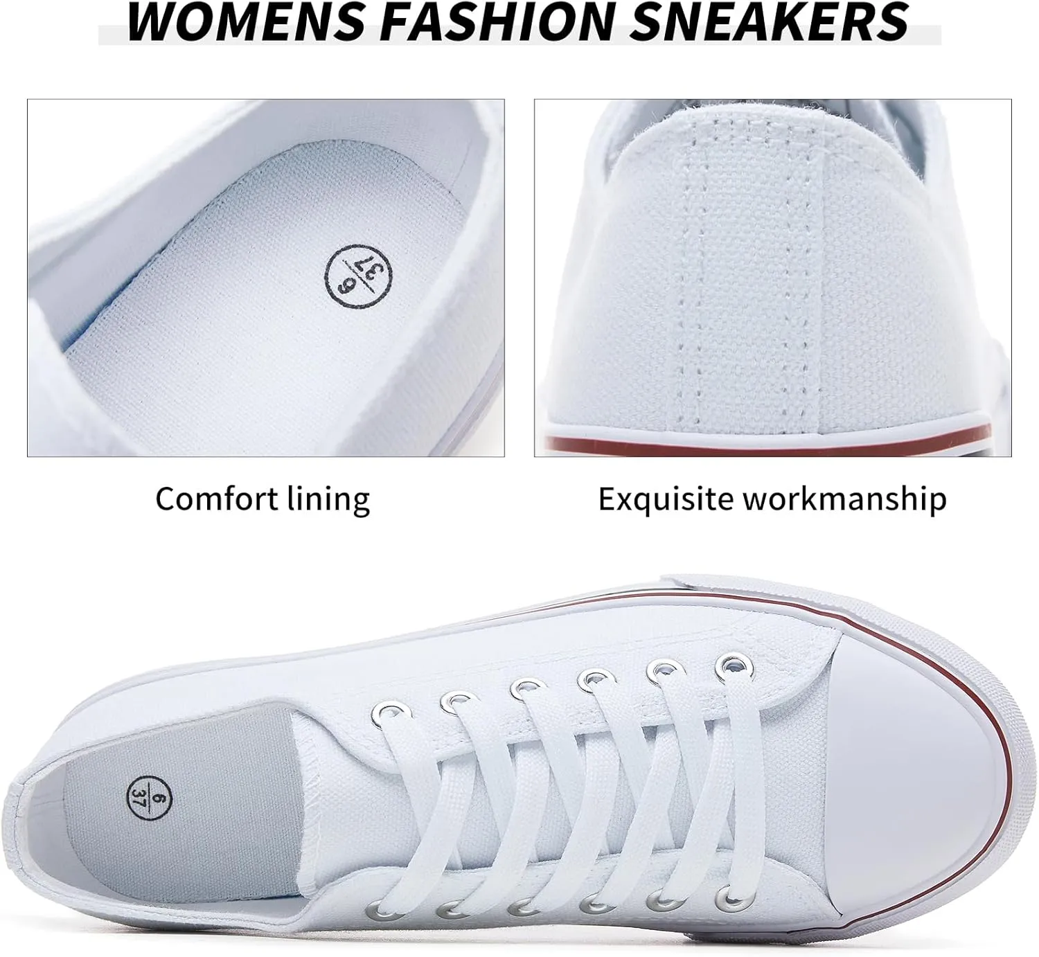FRACORA Womens White Canvas Sneakers Low Top Lace Up Canvas Shoes Fashion Comfortable