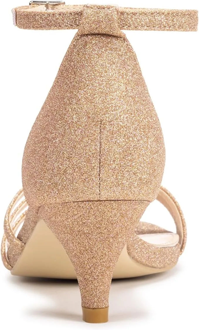 Frank Mully Women's Sparkly Low Kitten Heel Open Toe Sandals Ankle Strap Glitter Bridal Wedding Dress Pump Shoes