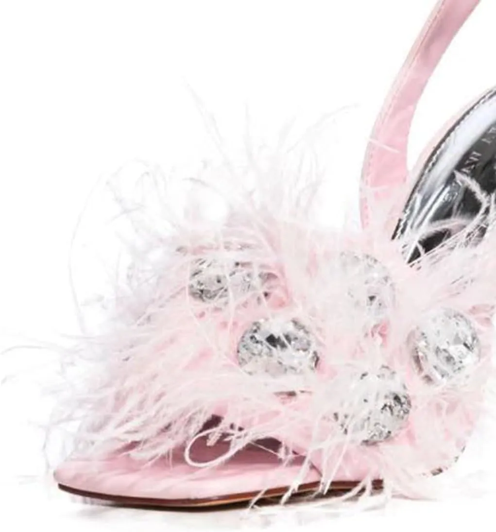 FSJ Women Crystal Chunky High Heel Sandals Open Square Toe Ankle Strap Buckle Clear Block Heel Fur Feather Cute Sparkly Dance Shoes Size 4-16 US