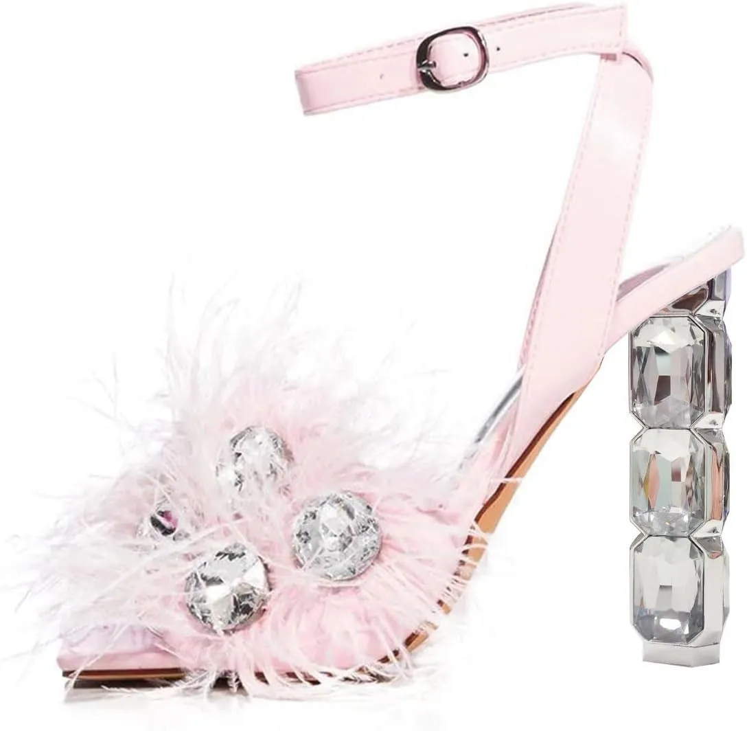 FSJ Women Crystal Chunky High Heel Sandals Open Square Toe Ankle Strap Buckle Clear Block Heel Fur Feather Cute Sparkly Dance Shoes Size 4-16 US
