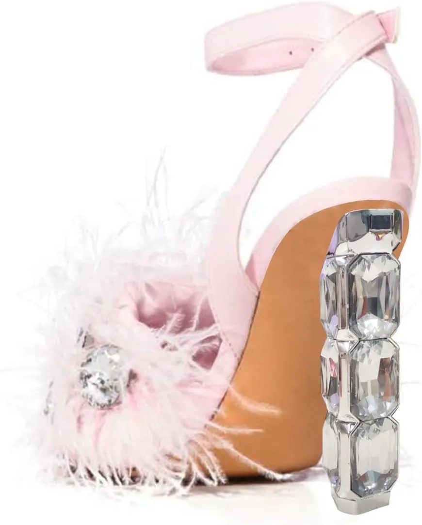 FSJ Women Crystal Chunky High Heel Sandals Open Square Toe Ankle Strap Buckle Clear Block Heel Fur Feather Cute Sparkly Dance Shoes Size 4-16 US