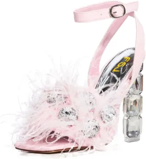 FSJ Women Crystal Chunky High Heel Sandals Open Square Toe Ankle Strap Buckle Clear Block Heel Fur Feather Cute Sparkly Dance Shoes Size 4-16 US
