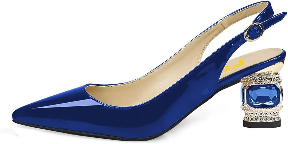 FSJ Women Pointed Toe Slingback Wedding Pumps Chunky Low Heel Rhinestone Sandals Crystal Heeled Dress Shoes Size 4-15 M US
