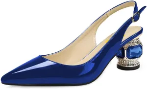 FSJ Women Pointed Toe Slingback Wedding Pumps Chunky Low Heel Rhinestone Sandals Crystal Heeled Dress Shoes Size 4-15 M US